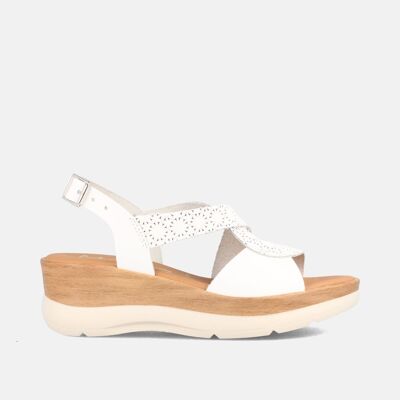 WOMEN'S SANDALS WITH MEDIUM WEDGE IN WHITE HEIDI EMBOSSED LEATHER