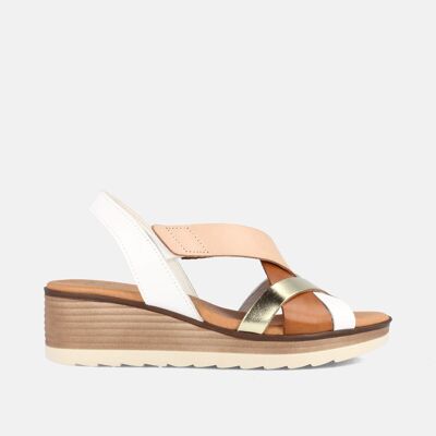 WOMEN'S SANDAL WITH MEDIUM WEDGE IN MULTI-WHITE BLUE LEATHER