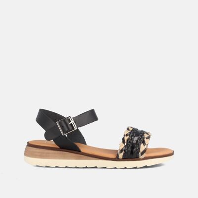 WOMEN'S SANDAL WITH LOW WEDGE IN BLACK RAFFIA AND JULIANA LEATHER