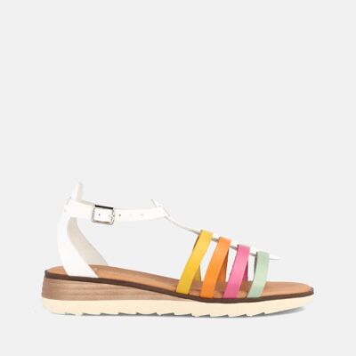 WOMEN'S SANDALS WITH LOW WEDGE CRAB STYLE IN MULTI-WHITE ANABELLA LEATHER