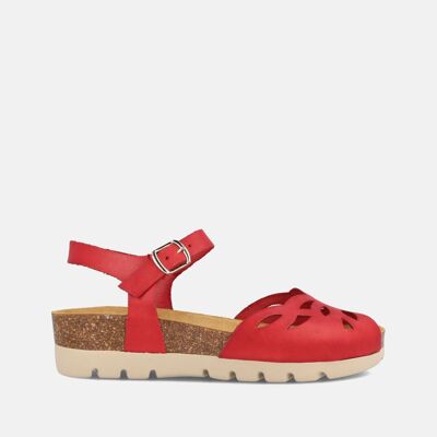 WOMEN'S BIO SANDAL WITH LOW WEDGE IN RED LEATHER LUCIA