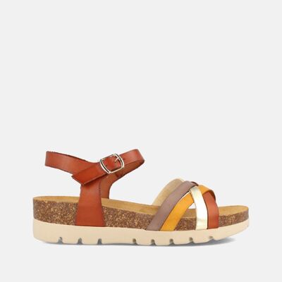 WOMEN'S BIO SANDAL WITH LOW WEDGE IN GEMA LEATHER MULTI LEATHER