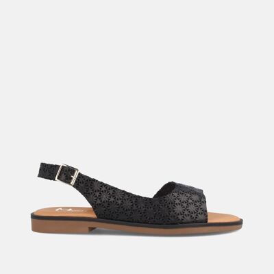 FLAT WOMEN'S SANDALS IN BLACK ARANZAZU EMBOSSED LEATHER