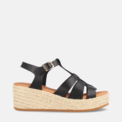 WOMEN'S LEATHER SANDAL WITH MEDIUM WEDGE HASUNCION BLACK