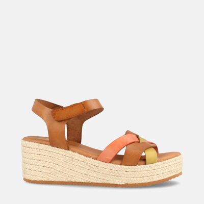 WOMEN'S LEATHER SANDAL WITH MEDIUM WEDGE PANAMA KIWI - HAZELNUT - CORAL