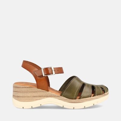 WOMEN'S LEATHER SANDAL WITH MEDIUM WEDGE BELMO MILITARY