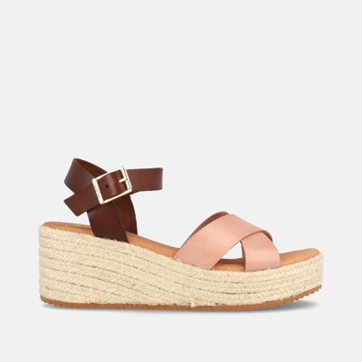 WOMEN'S LEATHER SANDAL WITH MEDIUM WEDGE QUITO NUDE AND WALNUT