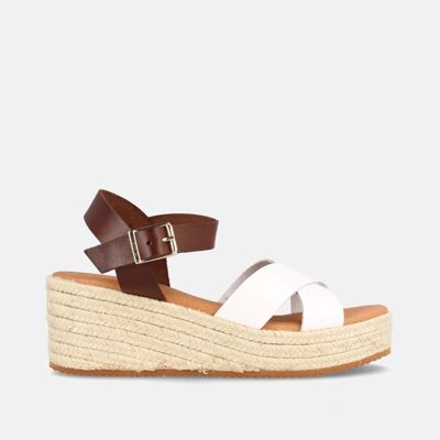 WOMEN'S LEATHER SANDAL WITH MEDIUM WEDGE QUITO WHITE AND WALNUT