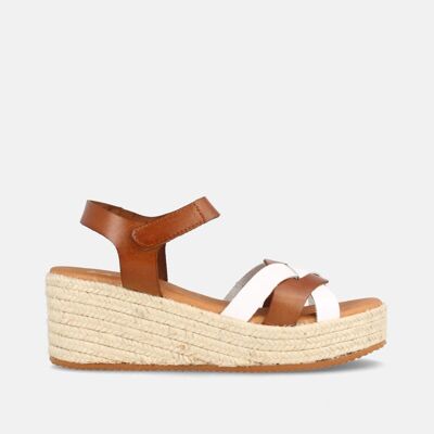 WOMEN'S LEATHER SANDAL WITH MEDIUM WEDGE PANAMA WHITE AND HAZELNUT