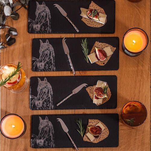 4 Mini Slate Cheese Board & Knives - Horse Portrait