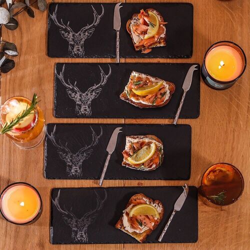 4 Mini Slate Cheese Board & Knives - Stag Prince