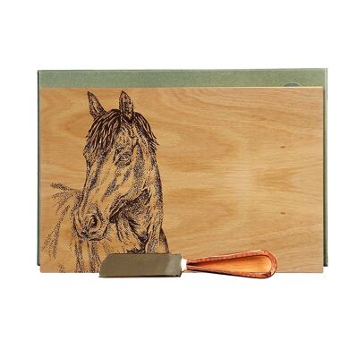 Käsebrett und Messerset aus Eichenholz – Pferdeportrait