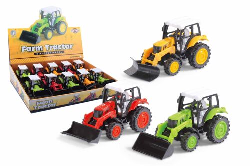 Tractor with loader, pull back, 3 assorted