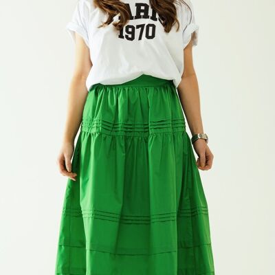 Poplin tiered midi skirt with stitching details in green