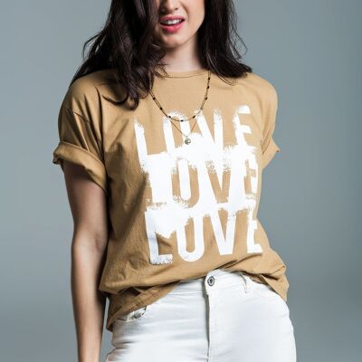 Camiseta de Manga Corta con Texto Love en el Delantero en Beige