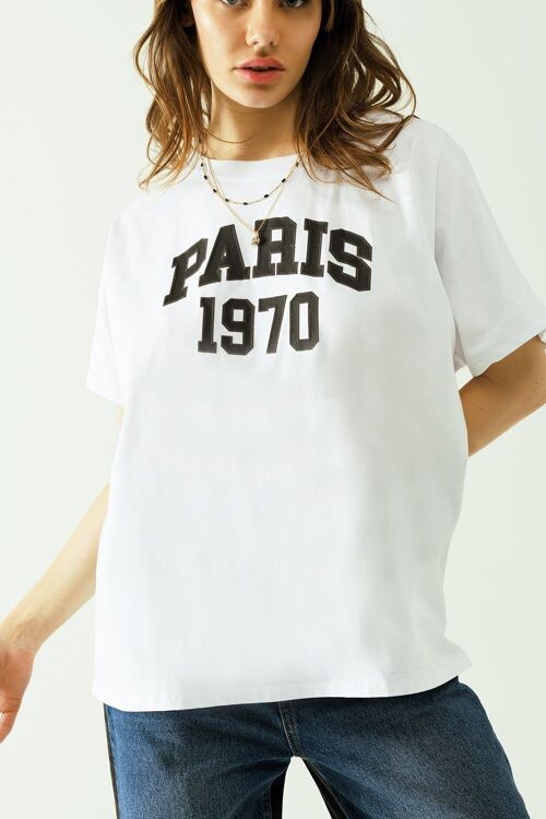 Camiseta oversize blanca estampada paris 1970 en negro