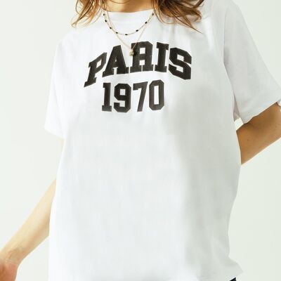 Camiseta oversize blanca estampada paris 1970 en negro