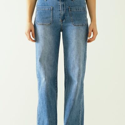 Jeans wide legs with front closure with metalic buttons and front pockets