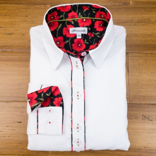 Grenouille Long Sleeve White Shirt with Red Poppy Accents