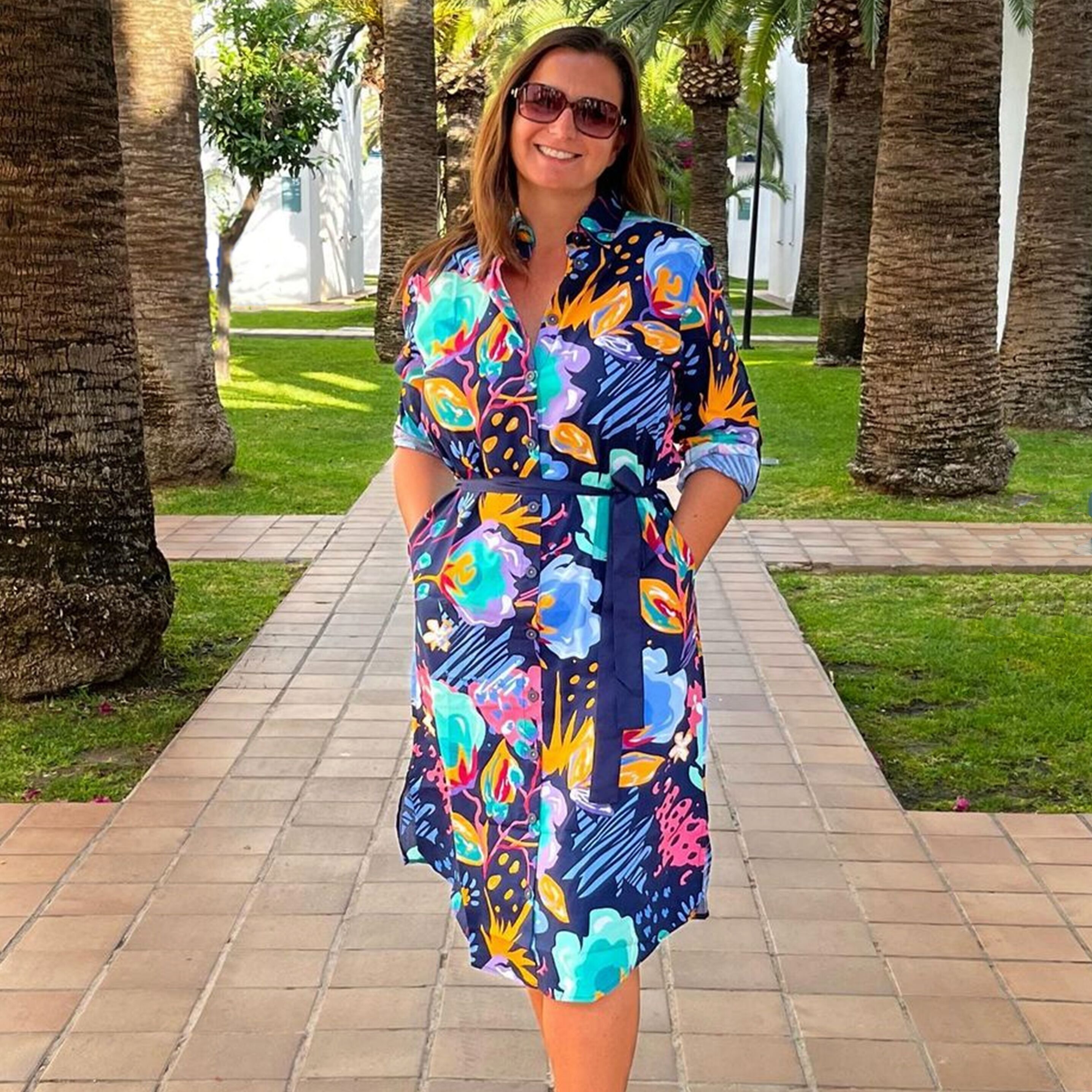 Abito chemisier al polpaccio con stampa grenouille blu scuro e arancione