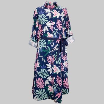 Grenouille - Robe chemise longueur mollet imprimée bleu marine, rose et menthe 4