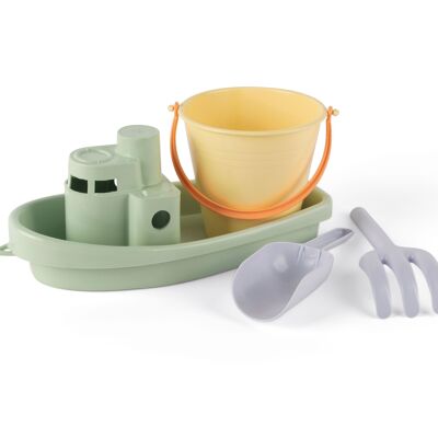 Jouet en bioplastique - Pastels recycled - Set bateau, seau, pelle et rateau en filet - 4pcs