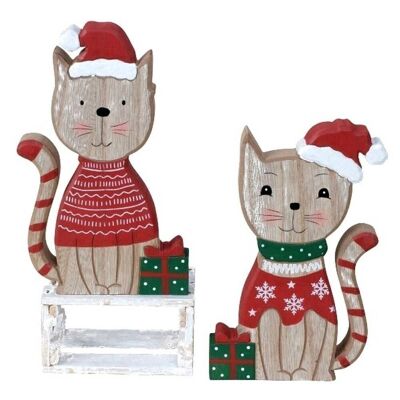 Gato Adorno Navideño De Madera 17Cm