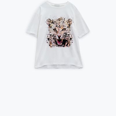 T-shirt oversize bianca con disegno tigre sul davanti
