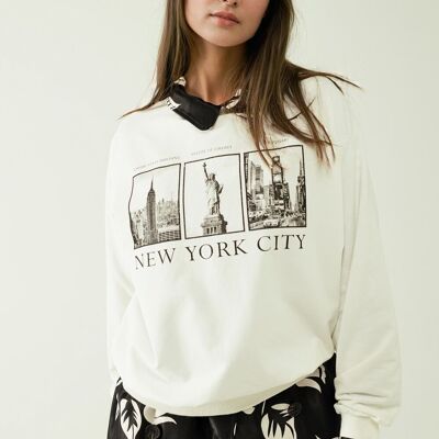 Sudadera blanca de manga larga y cuello redondo con estampado new york city