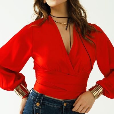 Kurzes rotes Crop-Top mit langen Ärmeln und Bändern