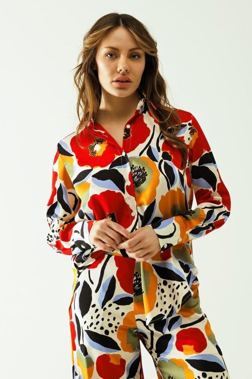 camisa oversize con diseños de amapolas y cierre de botones