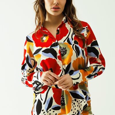 camisa oversize con design ad amapola e chiusura con bottoni