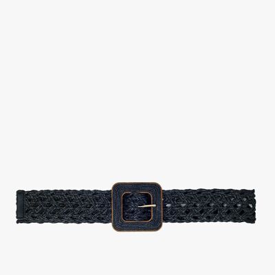 Black woven belt with square buckle with brown border