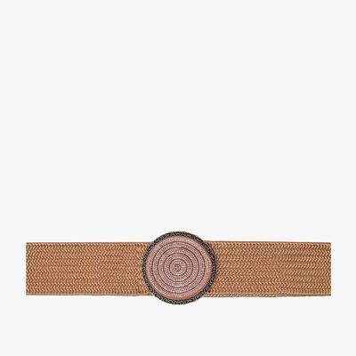 Pink woven belt with round buckle with rhinestones