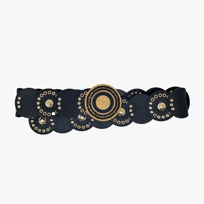 Cinturón de piel negro con hebilla redonda de strass negra y detalles dorados