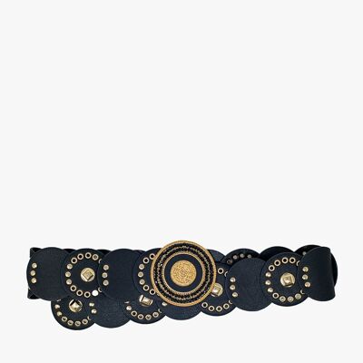 Black leather belt with black rhinestone round buckle and golden details