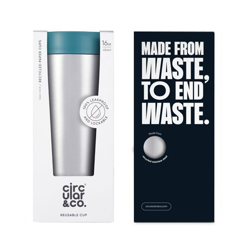 Circular Cup Stainless Steel 16oz Aquamarine Green (1 x pack 8) Sustainable Reusable Coffee Cup