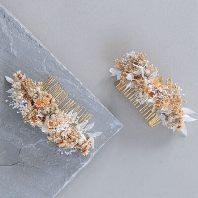 Hair comb dried flowers white orange