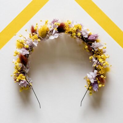 cheerful headband dried flowers in yellow and brown, contrasted with white