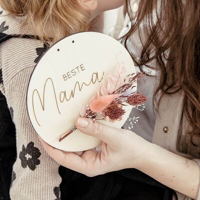 Idée cadeau fête des mères disque en bois avec fleurs séchées I Best Mom