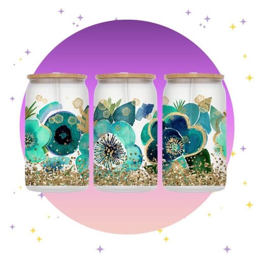 Flower Glitter - Verre avec couvercle en bambou