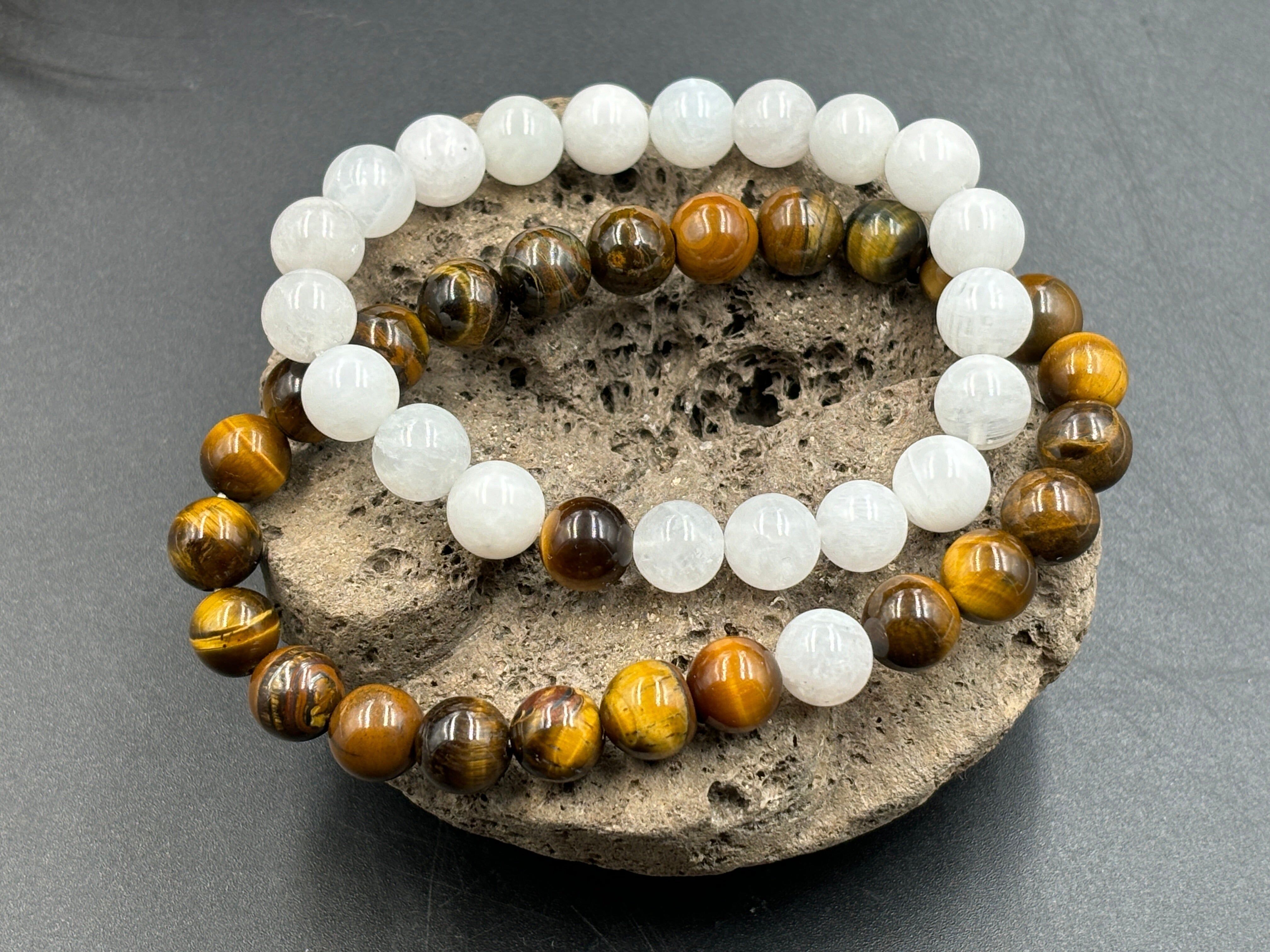 Bracciali elastici a distanza, bracciali di coppia in Pietra di Luna e Occhio di Tigre