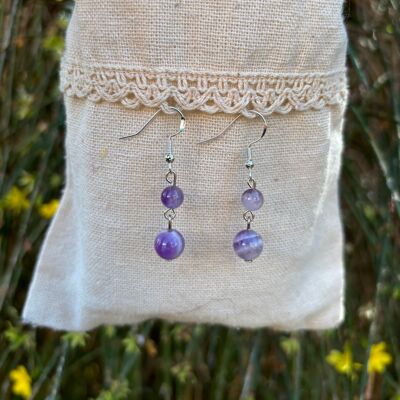 Dangling earrings with 2 balls in natural chevron Amethyst, Made in France