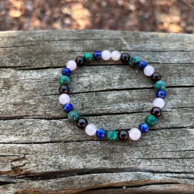 Pulsera elástica de litoterapia “Multi Protection”, turquesa africana, lapislázuli, cuarzo rosa y granate, fabricada en Francia