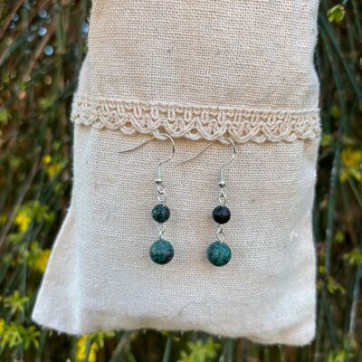 Dangling earrings with 2 balls in African Turquoise and tree of life, Made in France
