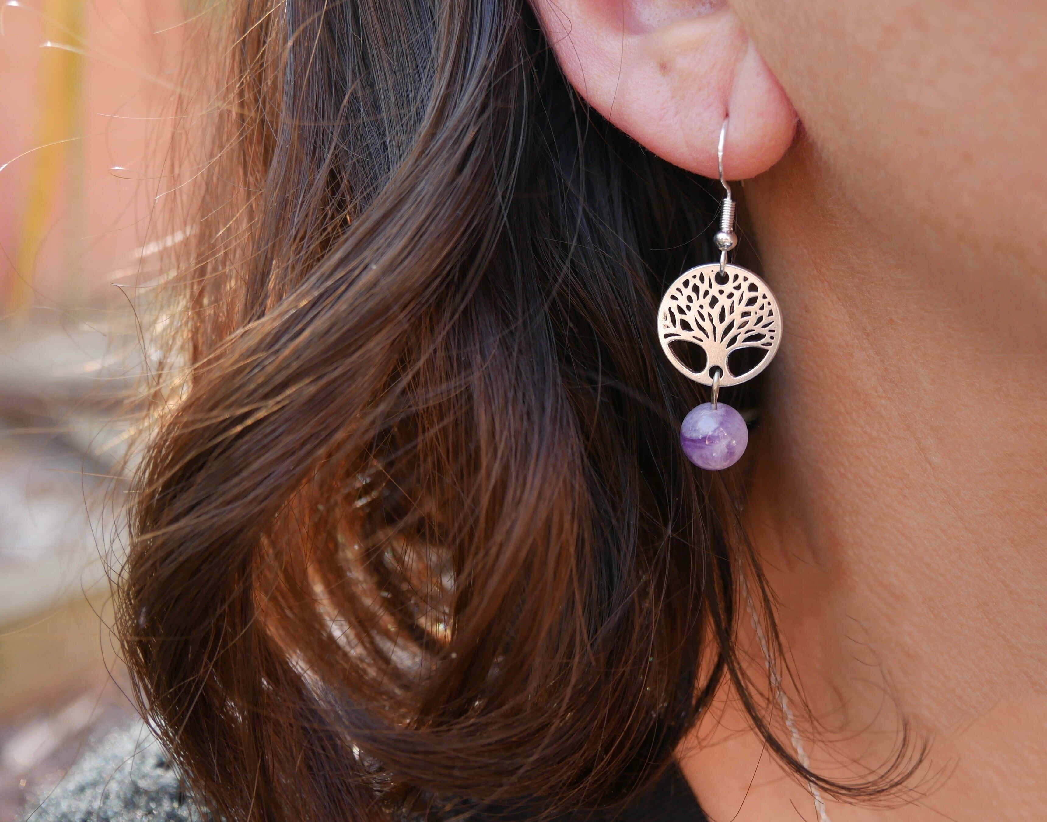 Orecchini pendenti in ametista naturale chevron e albero della vita, Made in France