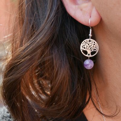 Dangling earrings in natural chevron Amethyst and tree of life, Made in France