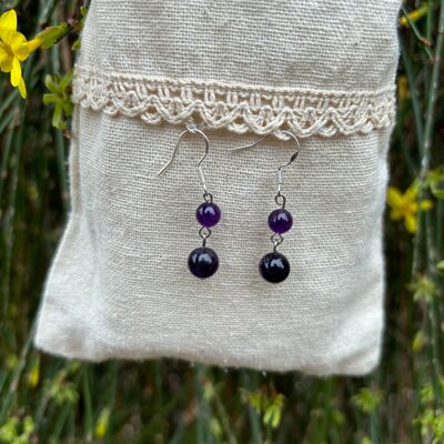 Dangling earrings with 2 balls in natural Amethyst, Made in France