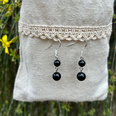 Dangling earrings with 2 balls in natural Black Agate, Made in France