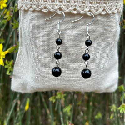 Dangling earrings with 3 balls in natural Onyx, Made in France
